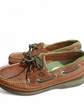 Sperry Men's Size 8 Brown Leather Boat Shoes with Green Accents